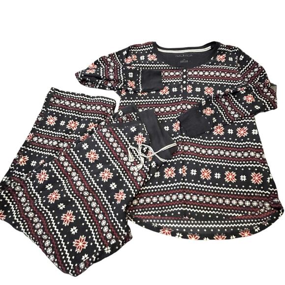 Nautica Sleepwear Two-Piece Set Women Large Cozy Night Winter Fair Isle Blue